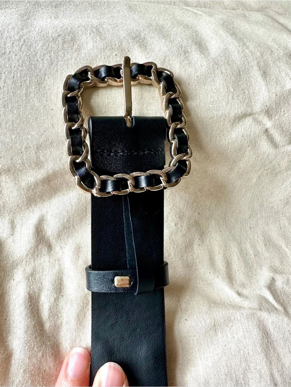 WHBM Black Leather Chain Link Belt